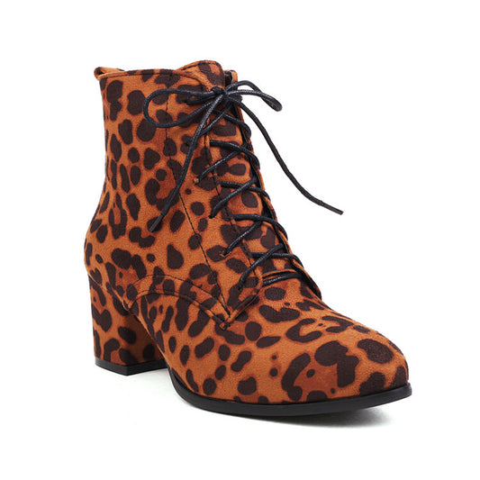 Women's Booties Leopard Print Flock Round Toe Lace Up Block Heel Ankle Boots