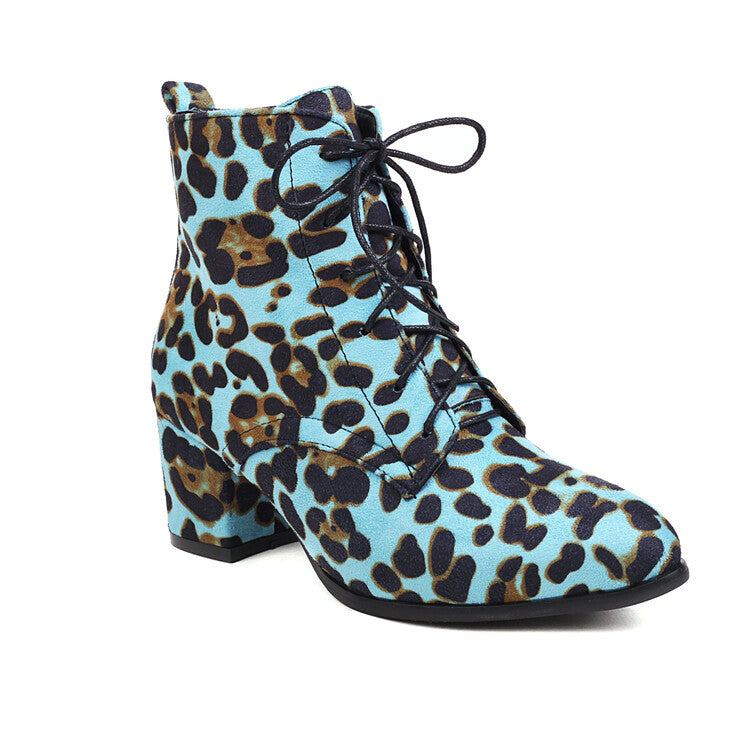 Women's Booties Leopard Print Flock Round Toe Lace Up Block Heel Ankle Boots