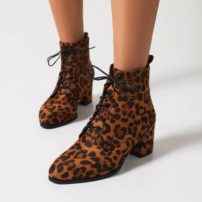 Women's Booties Leopard Print Flock Round Toe Lace Up Block Heel Ankle Boots