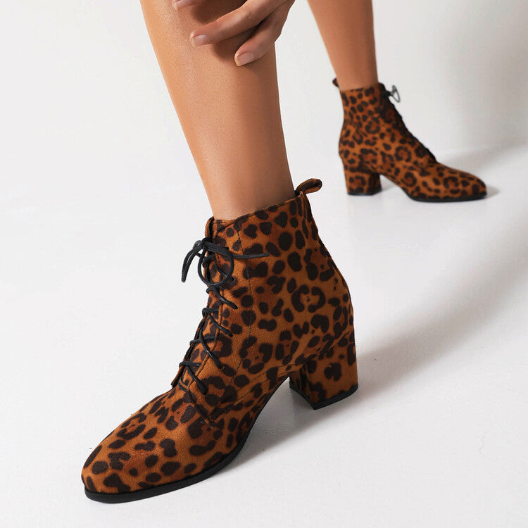 Women's Booties Leopard Print Flock Round Toe Lace Up Block Heel Ankle Boots