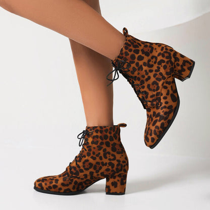 Women's Booties Leopard Print Flock Round Toe Lace Up Block Heel Ankle Boots