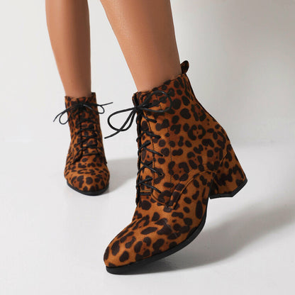 Women's Booties Leopard Print Flock Round Toe Lace Up Block Heel Ankle Boots