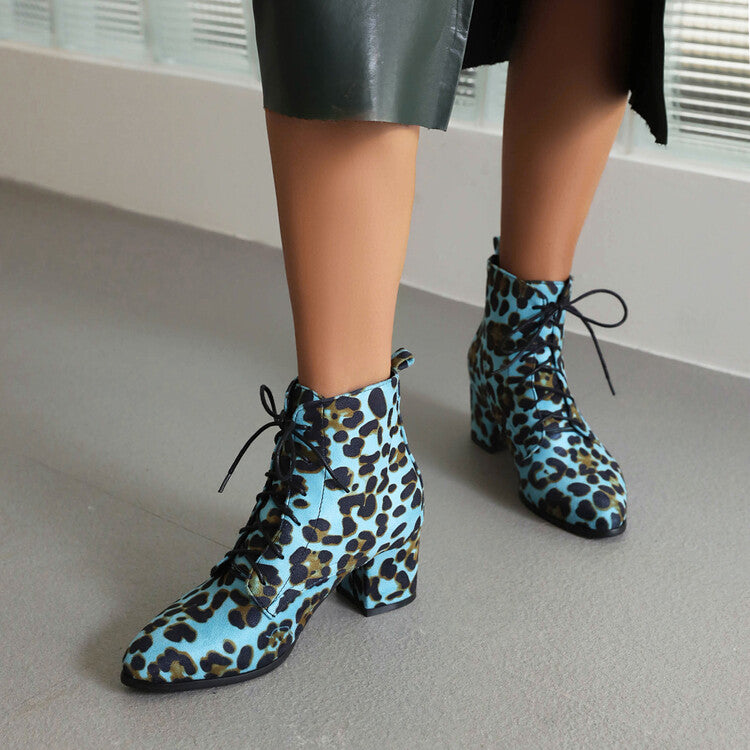 Women's Booties Leopard Print Flock Round Toe Lace Up Block Heel Ankle Boots