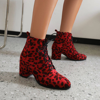 Women's Booties Leopard Print Flock Round Toe Lace Up Block Heel Ankle Boots