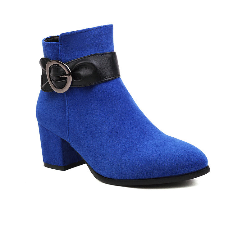 Women's Booties Bicolor Flock Buckle Straps Block Heel Ankle Boots