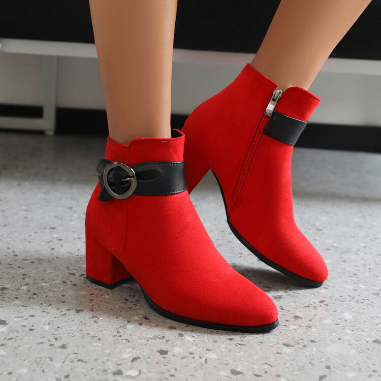 Women's Booties Bicolor Flock Buckle Straps Block Heel Ankle Boots