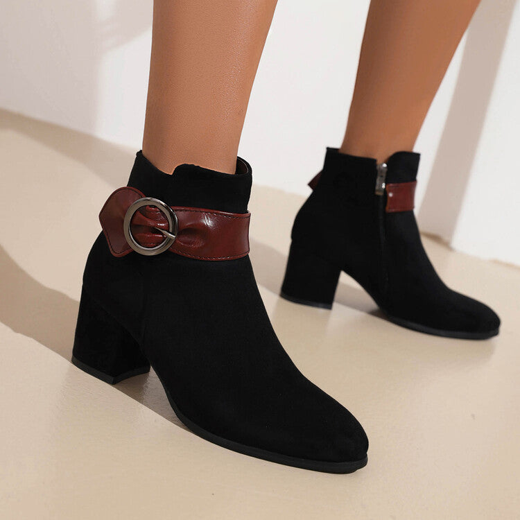 Women's Booties Bicolor Flock Buckle Straps Block Heel Ankle Boots