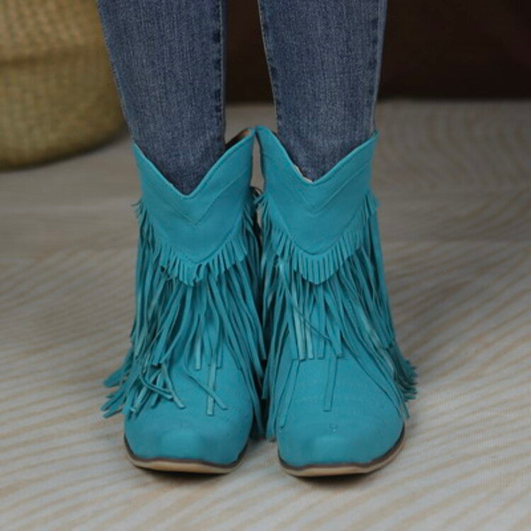 Women's Flock Pointed Toe Tassel Block Chunky Heel Cowboy Ankle Boots