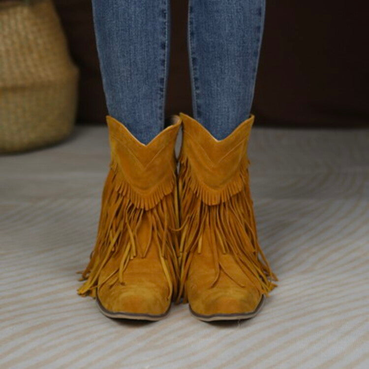 Women's Flock Pointed Toe Tassel Block Chunky Heel Cowboy Ankle Boots