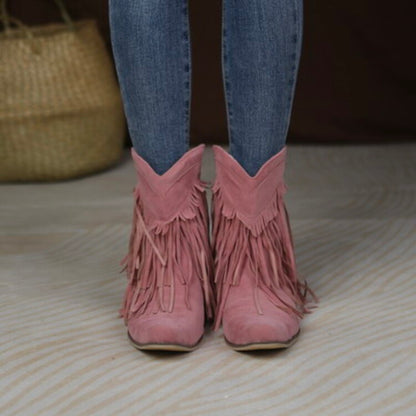 Women's Flock Pointed Toe Tassel Block Chunky Heel Cowboy Ankle Boots