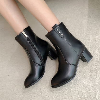 Women's Pu Leather Round Toe Buttons Side Zippers Block Chunky Heel Short Boots