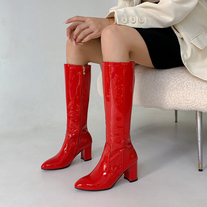 Women's Glossy Side Zippers Block Chunky Heel Knee High Boots