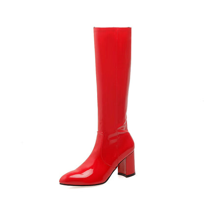 Women's Glossy Side Zippers Block Chunky Heel Knee High Boots