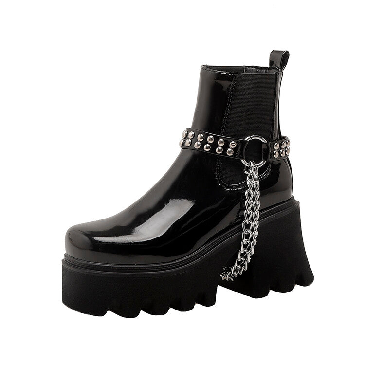 Women's Pu Leather Round Toe Metal Chains Rivets Straps Block Chunky Heel Platform Ankle Boots