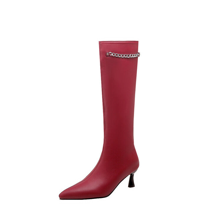 Women's Pointed Toe Metal Chains Spool Heel Knee-High Boots