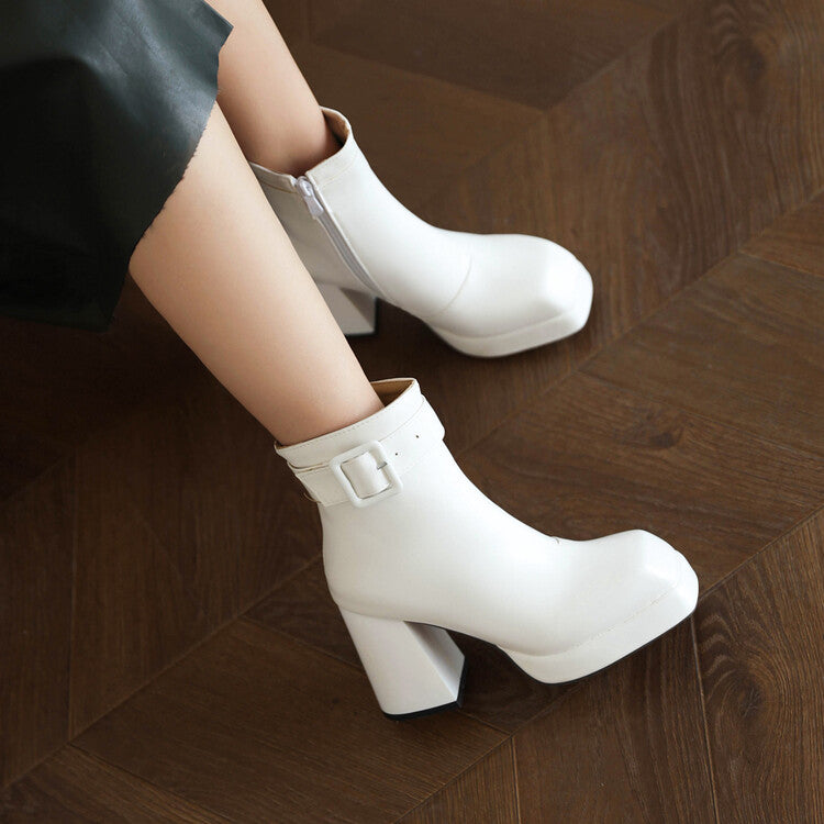 Women's Square Toe Side Zippers Block Chunky Heel Platform Buckle Straps Short Boots