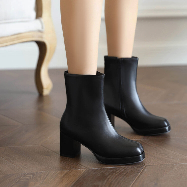 Women's Square Toe Side Zippers Block Chunky Heel Platform Short Boots