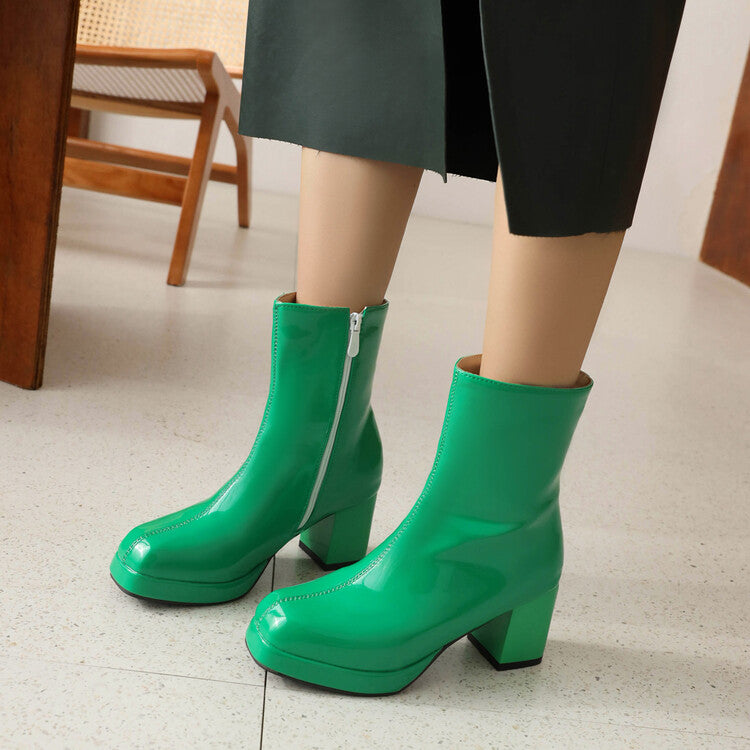 Women's Glossy Square Toe Side Zippers Block Chunky Heel Platform Short Boots