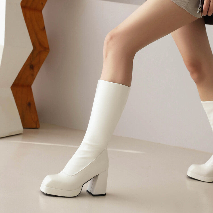 Women's Square Toe Side Zippers Block Chunky Heel Platform Mid-Calf Boots