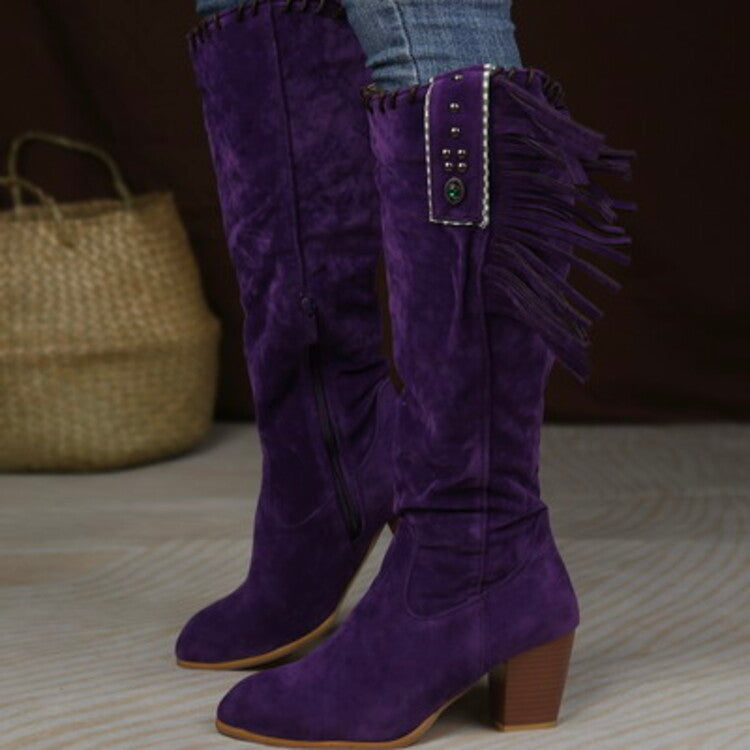Women's Flock Rivets Tassel Block Heel Side Zippers Mid Calf Boots