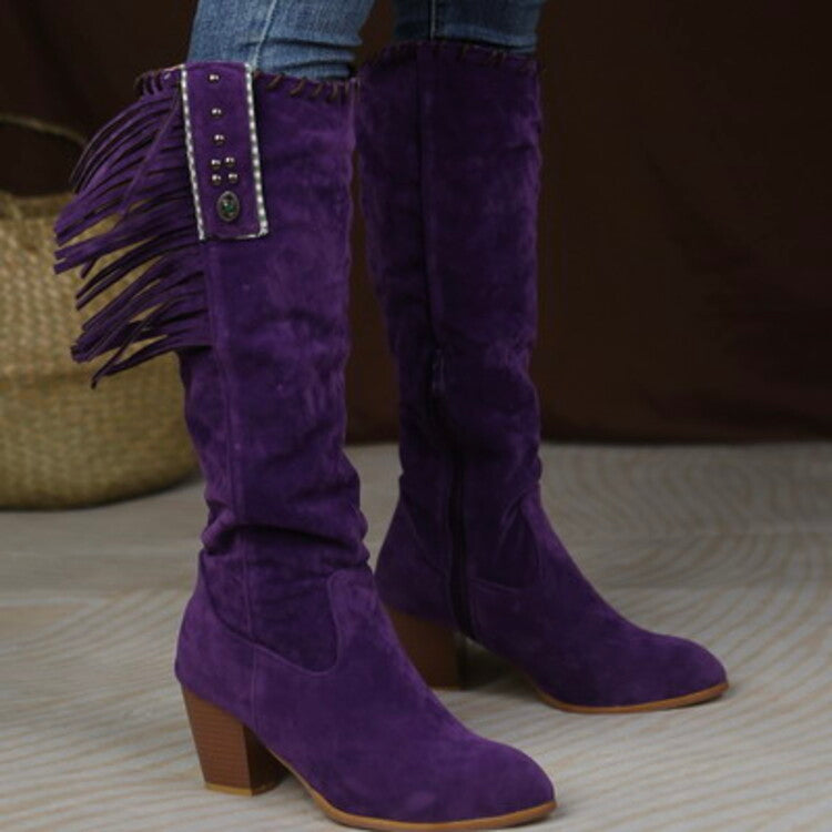 Women's Flock Rivets Tassel Block Heel Side Zippers Mid Calf Boots