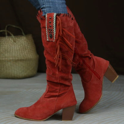 Women's Flock Rivets Tassel Block Heel Side Zippers Mid Calf Boots