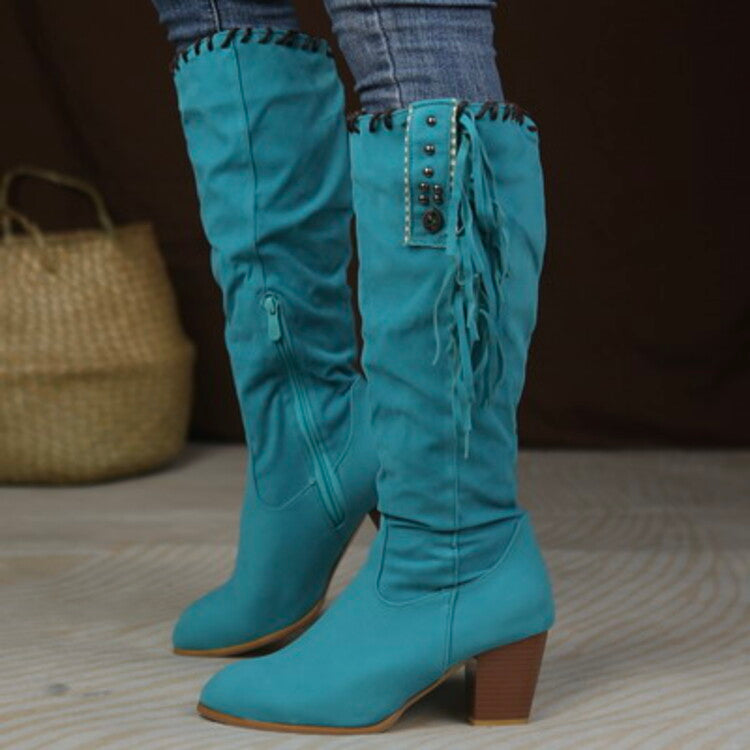 Women's Flock Rivets Tassel Block Heel Side Zippers Mid Calf Boots