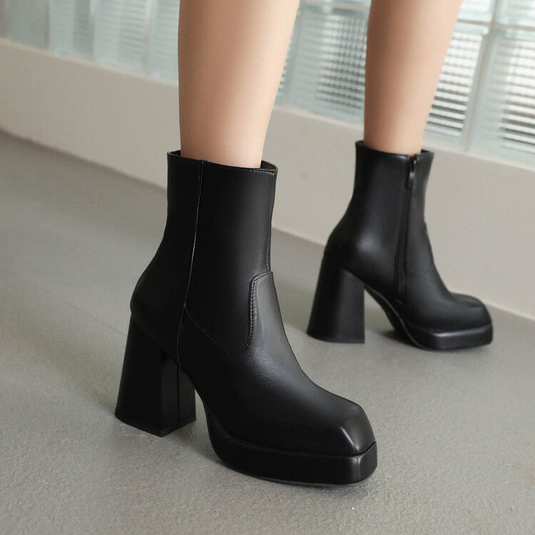 Women's Square Toe Side Zippers Block Chunky Heel Platform Short Boots