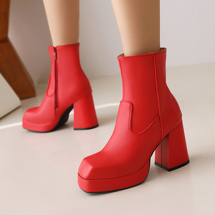Women's Square Toe Side Zippers Block Chunky Heel Platform Short Boots