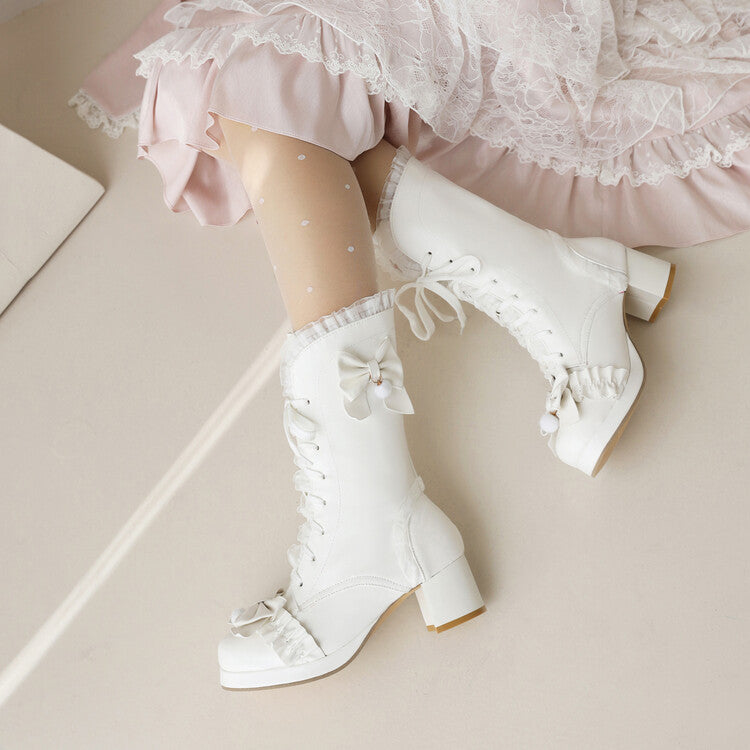 Women's Lace Bow Tie Tied Straps Block Chunky Heel Knee-High Boots