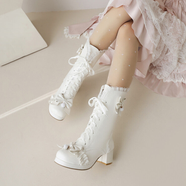 Women's Lace Bow Tie Tied Straps Block Chunky Heel Knee-High Boots
