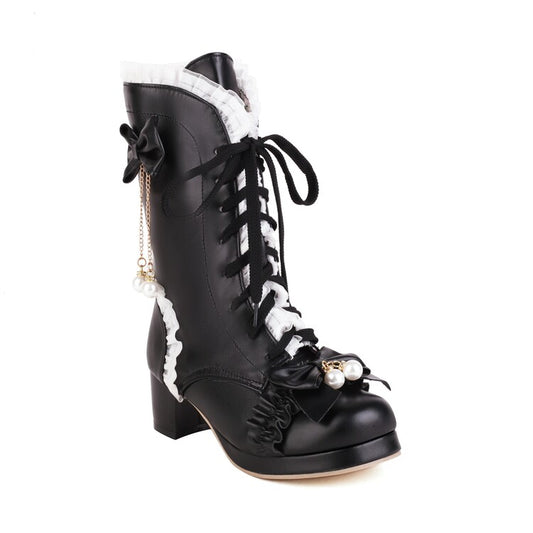 Women's Lace Tied Straps Bow Tie Block Chunky Heel Mid-Calf Boots