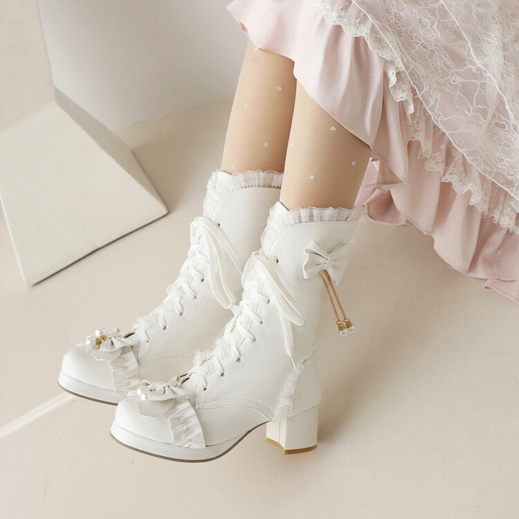 Women's Lace Tied Straps Bow Tie Block Chunky Heel Mid-Calf Boots