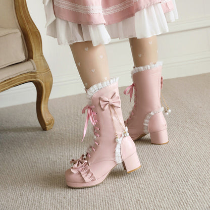 Women's Lace Tied Straps Bow Tie Block Chunky Heel Mid-Calf Boots