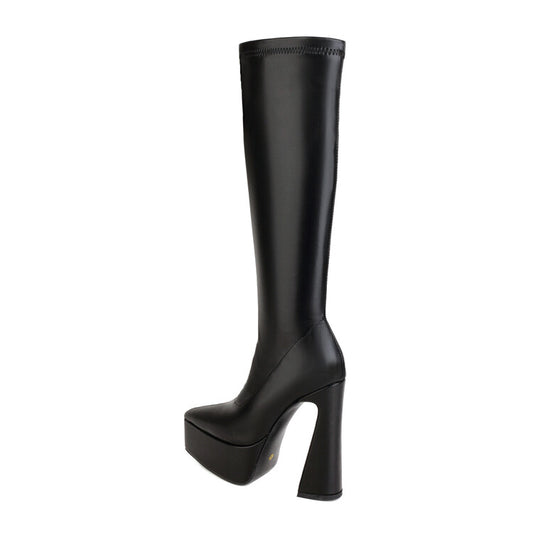 Women's Pu Leather Pointed Toe Spool Heel Platform Knee High Boots