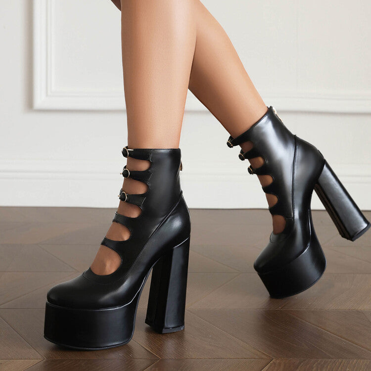 Women's Booties Glossy Round Toe Cutout Buckle Straps Block Chunky Heel Platform Short Boots
