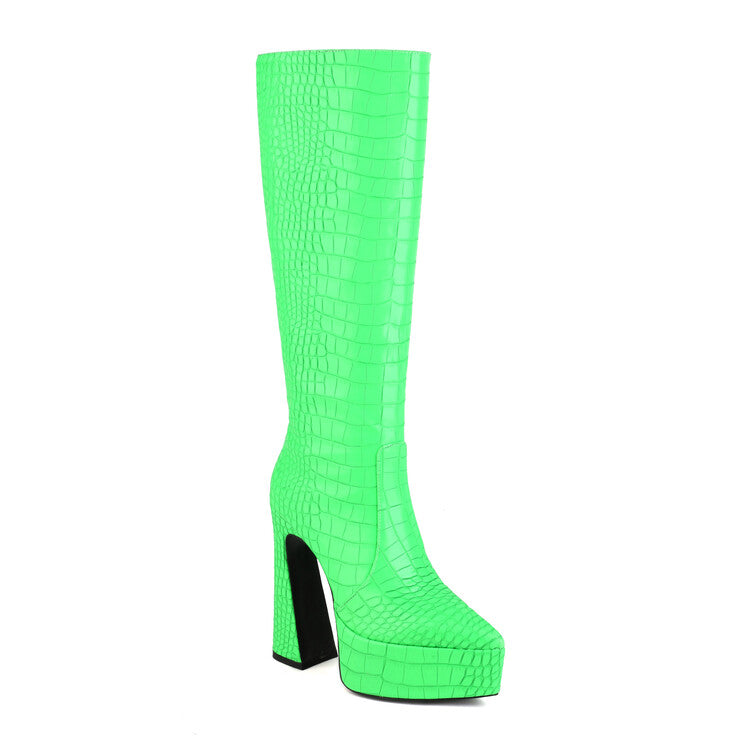 Women's Crocodile-Pattern Glossy Pointed Toe Spool Heel Platform Knee High Boots