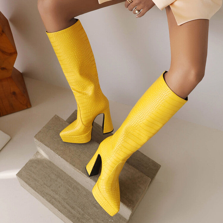 Women's Crocodile-Pattern Glossy Pointed Toe Spool Heel Platform Knee High Boots