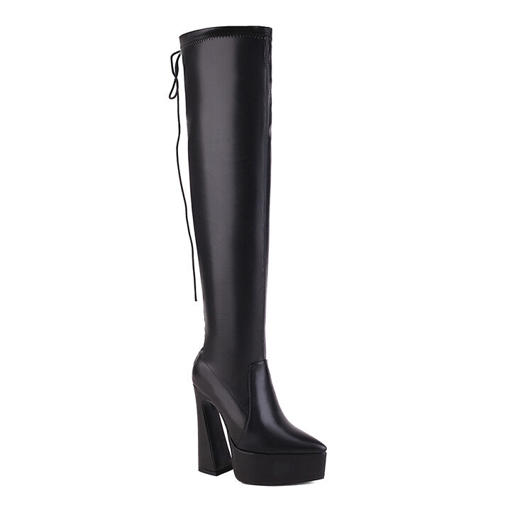 Women's Glossy Pointed Toe Spool Heel Platform Back Tied Straps Over the Knee Boots