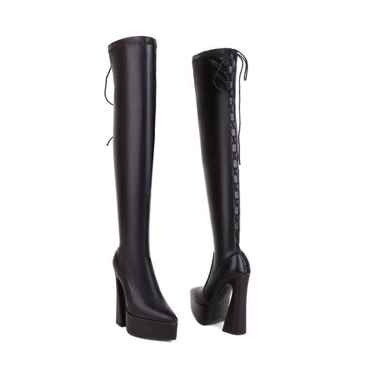 Women's Glossy Pointed Toe Spool Heel Platform Back Tied Straps Over the Knee Boots