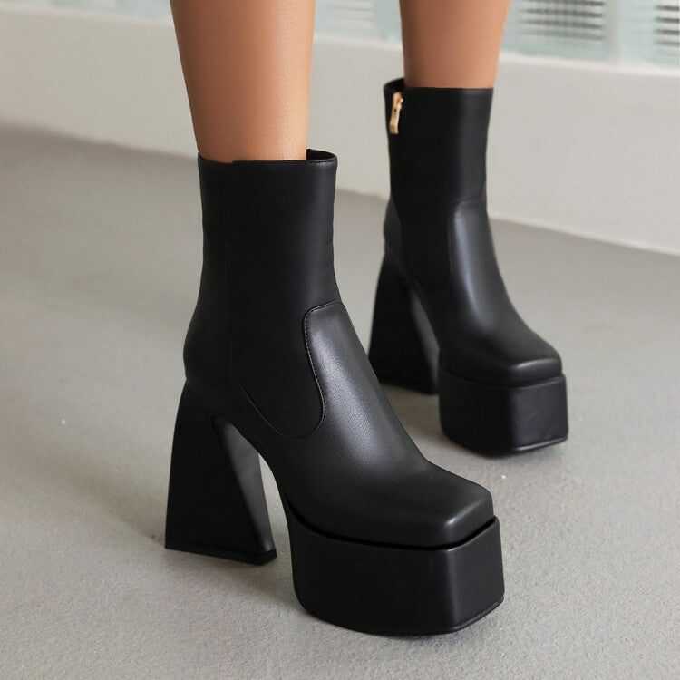 Women's Booties Glossy Square Toe Side Zippers Strange Heel Heel Platform Short Boots