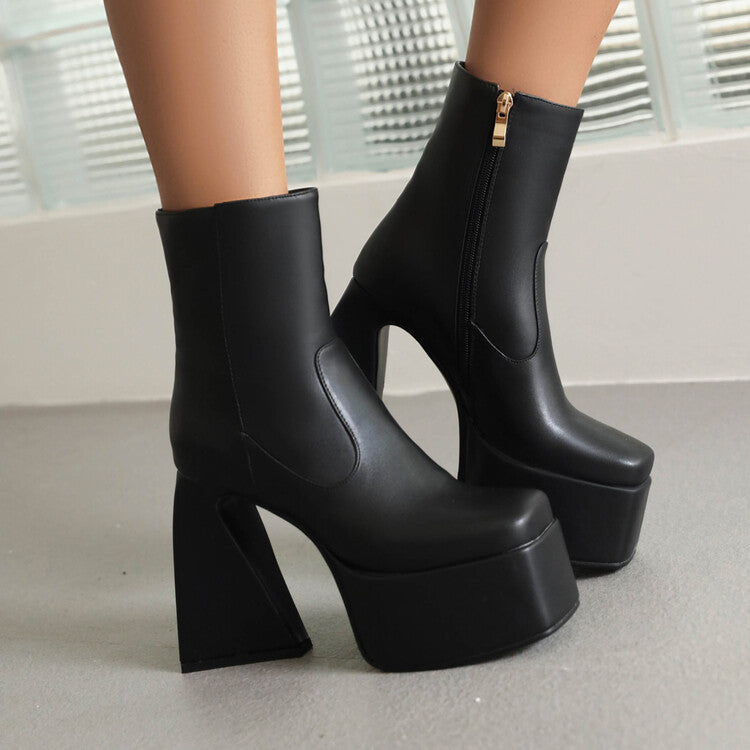 Women's Booties Glossy Square Toe Side Zippers Strange Heel Heel Platform Short Boots