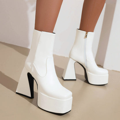 Women's Booties Glossy Square Toe Side Zippers Strange Heel Heel Platform Short Boots