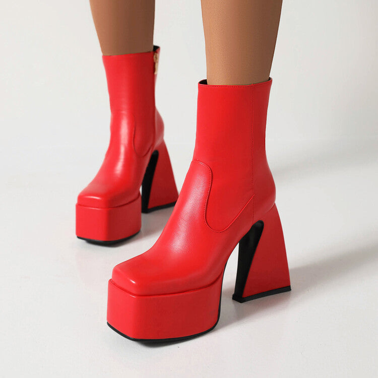 Women's Booties Glossy Square Toe Side Zippers Strange Heel Heel Platform Short Boots