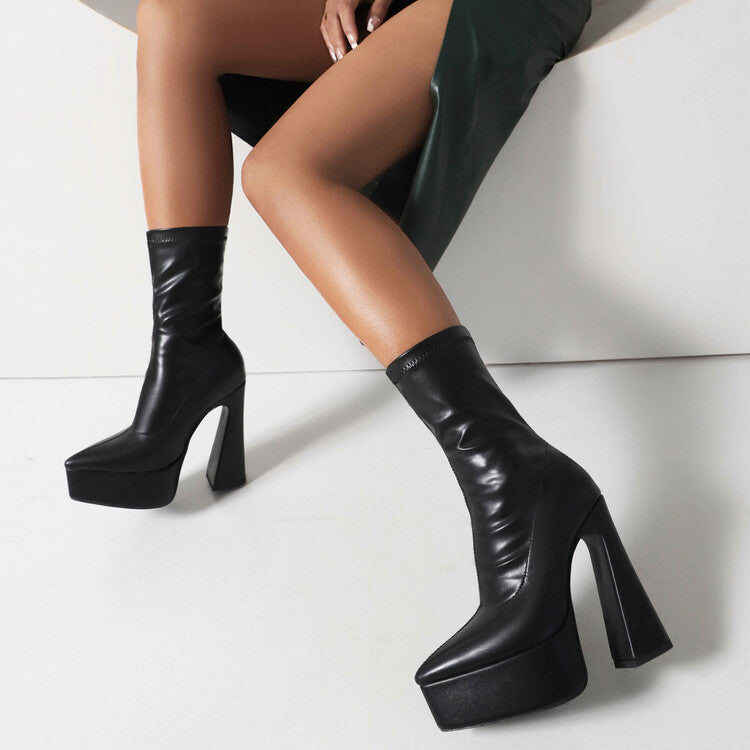 Women's Booties Pu Leather Pointed Toe Spool Heel Platform Short Boots