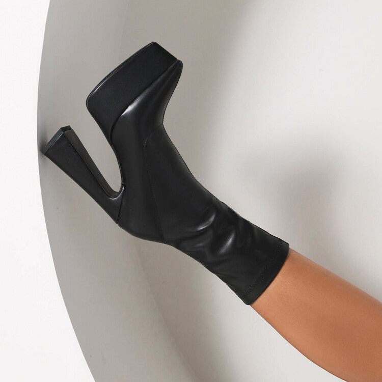 Women's Booties Pu Leather Pointed Toe Spool Heel Platform Short Boots