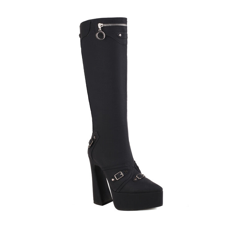 Women's Frosted Pu Leather Pointed Toe Metal Buckles Zippers Spool Heel Platform Knee High Boots