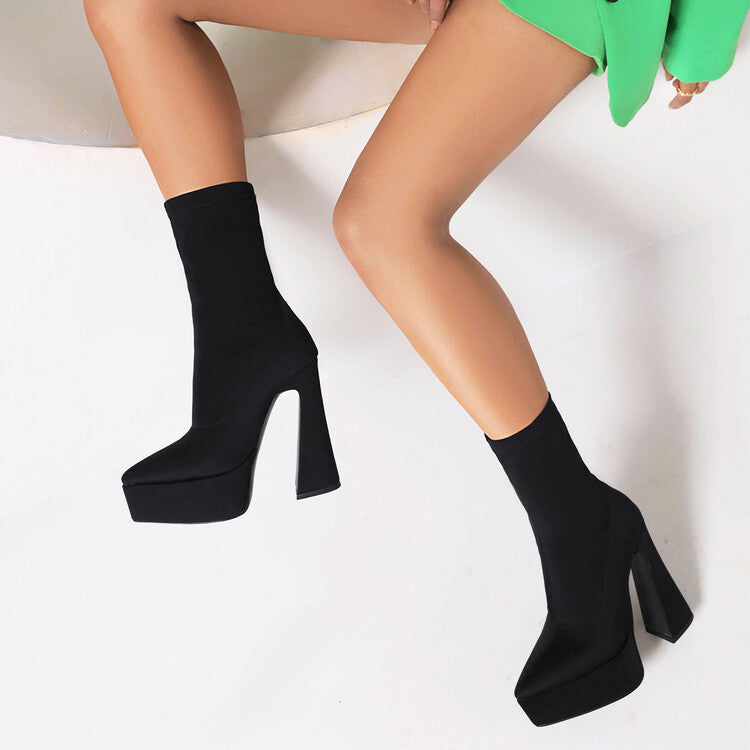 Women's Flock Pointed Toe Stretch Spool Heel Platform Mid-calf Boots