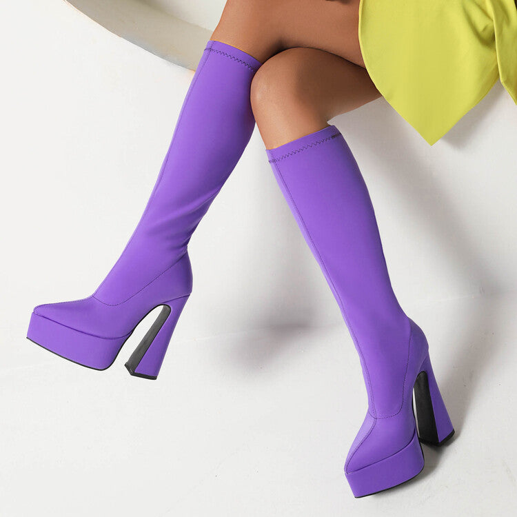 Women's Flock Pointed Toe Stretch Spool Heel Platform Knee High Boots