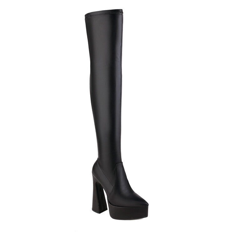 Women's Frosted Pu Leather Pointed Toe Spool Heel Platform Over the Knee Boots